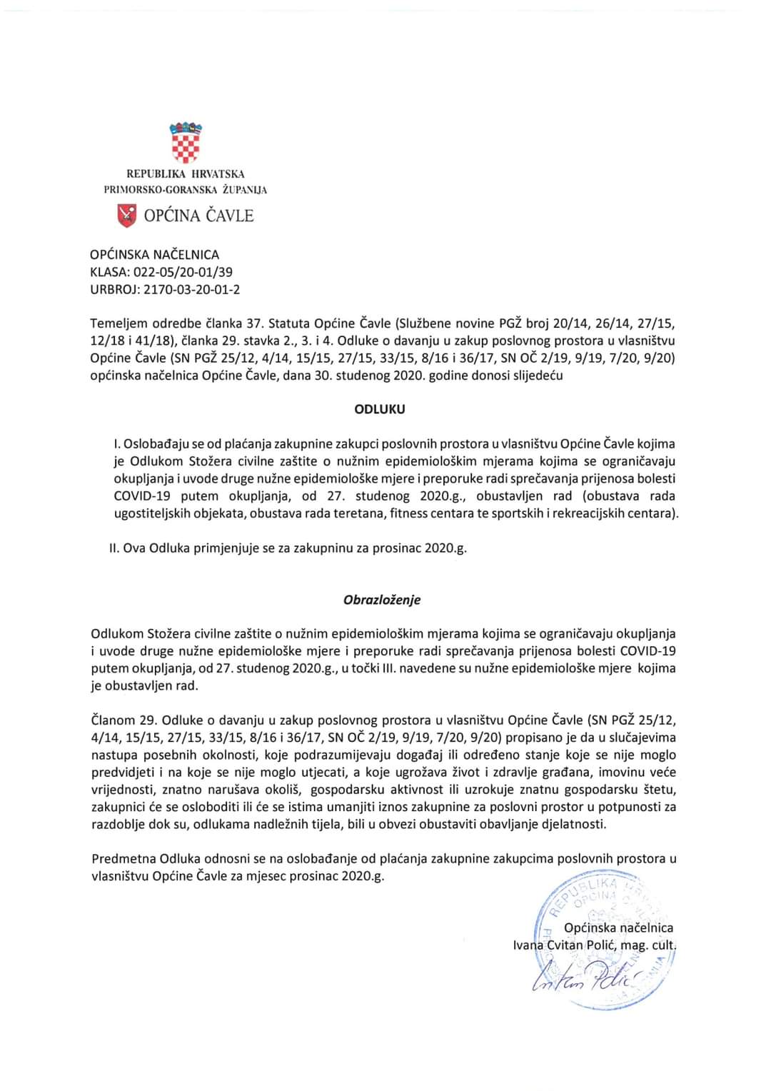 Općina Čavle_zakupnina prosinac